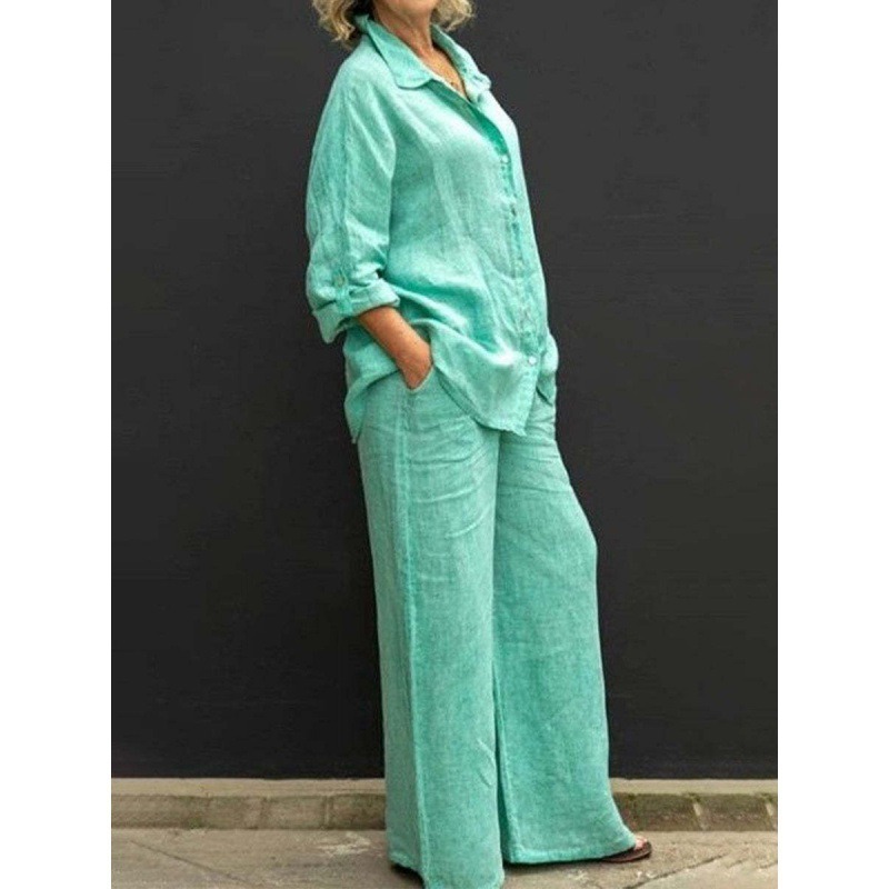 Women's Button-Down Collared Solid Color Shirt Casual Set
