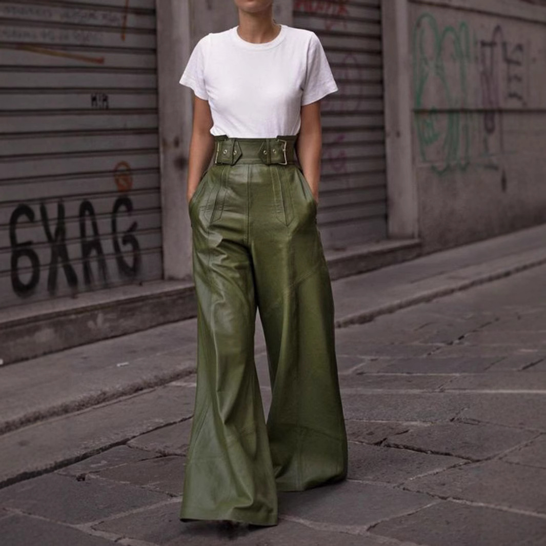 High-Waisted PU Faux Leather Flared Pants for Women with Pockets
