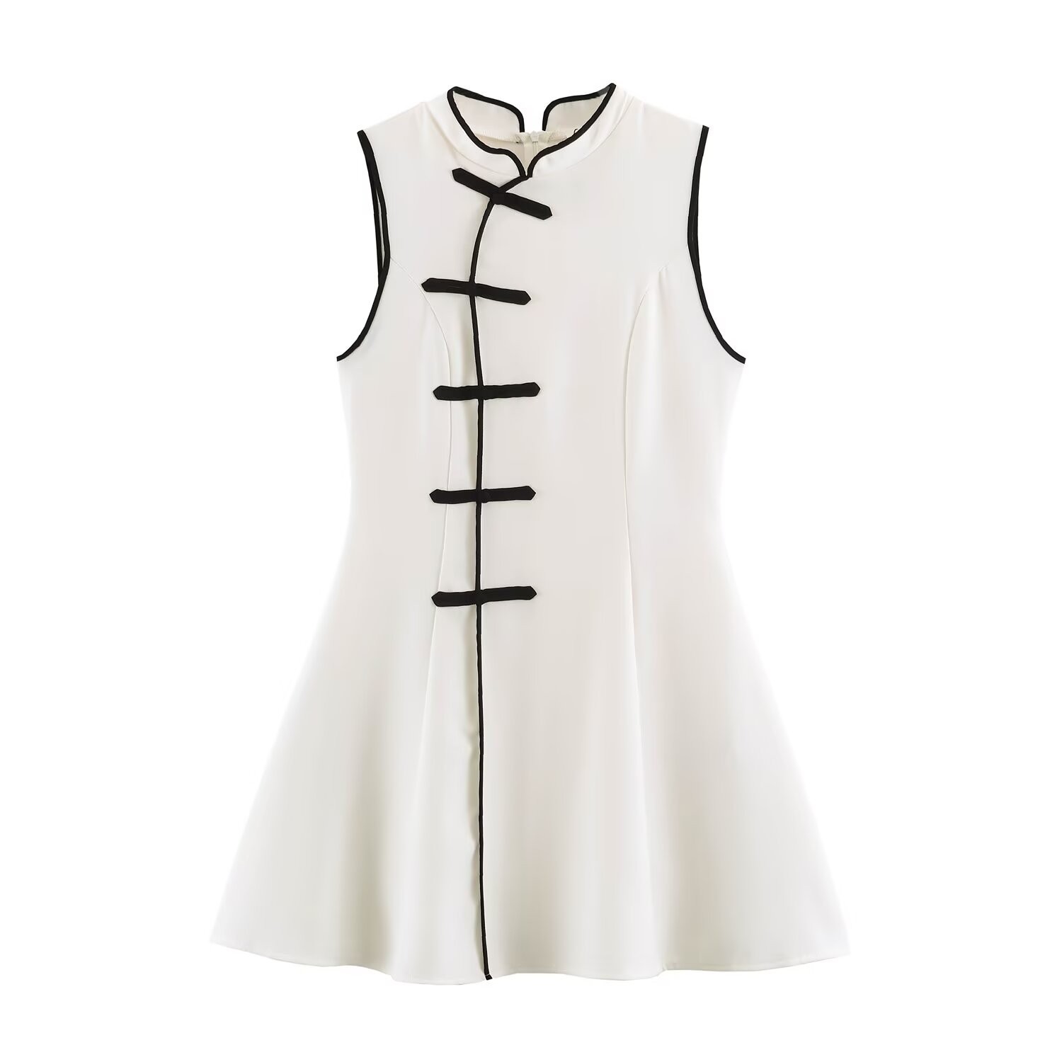 New Chinese Style Sleeveless A-Line Midi Dress with Stand Collar