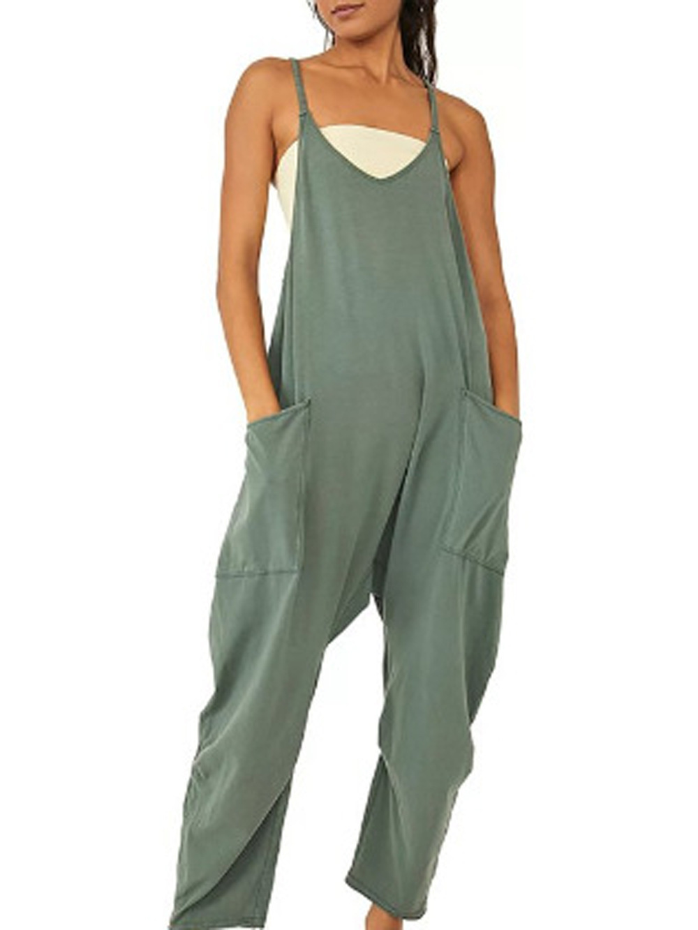 Women's Sleeveless Zip Pocket Jumpsuit with Spaghetti Straps