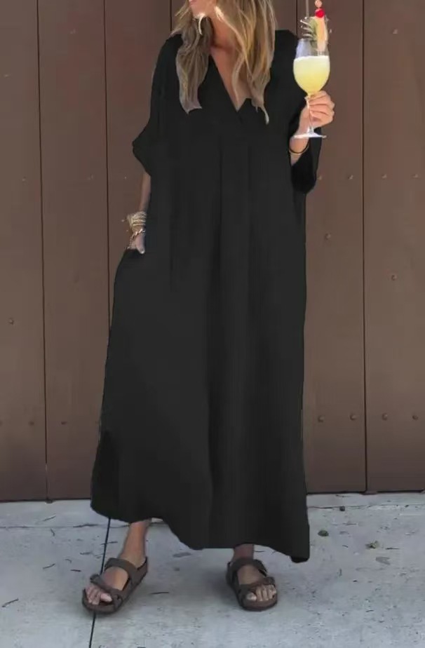 Washed Cotton V-Neck Short Sleeve Midi Dress Casual
