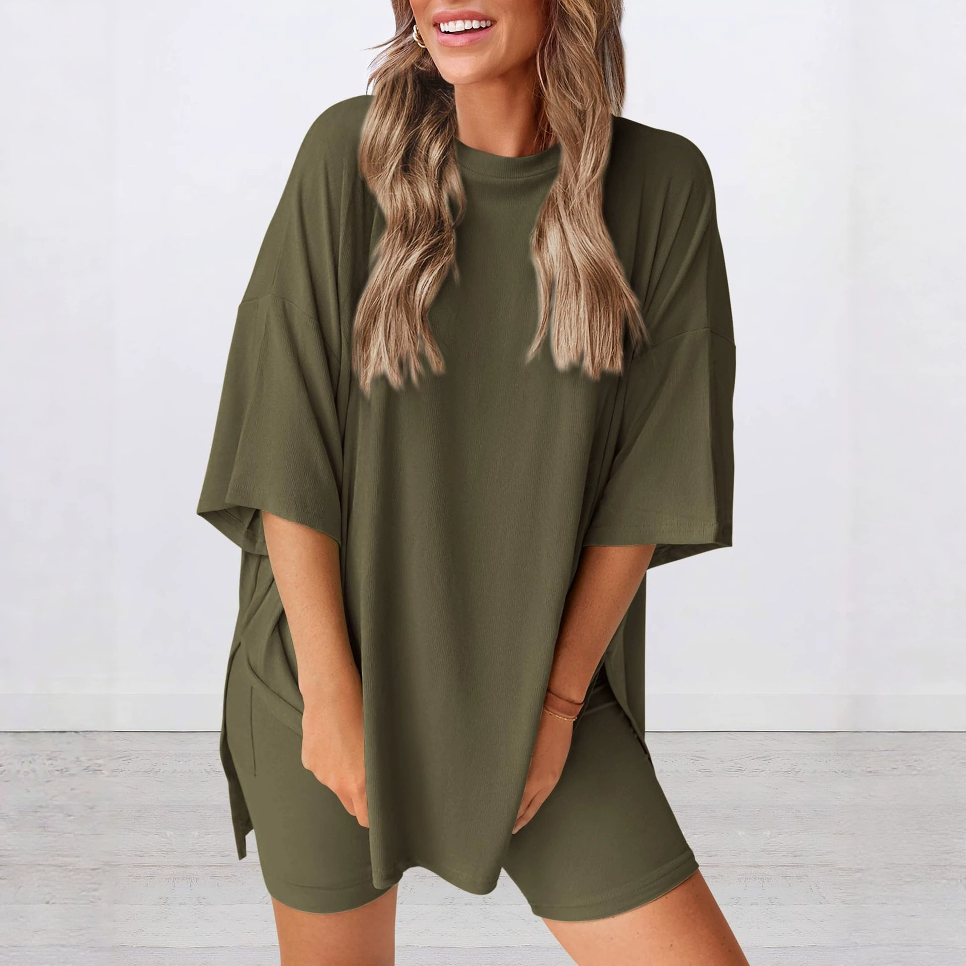 Women's Solid Color Loose Fit Casual Pajama Set with Pockets