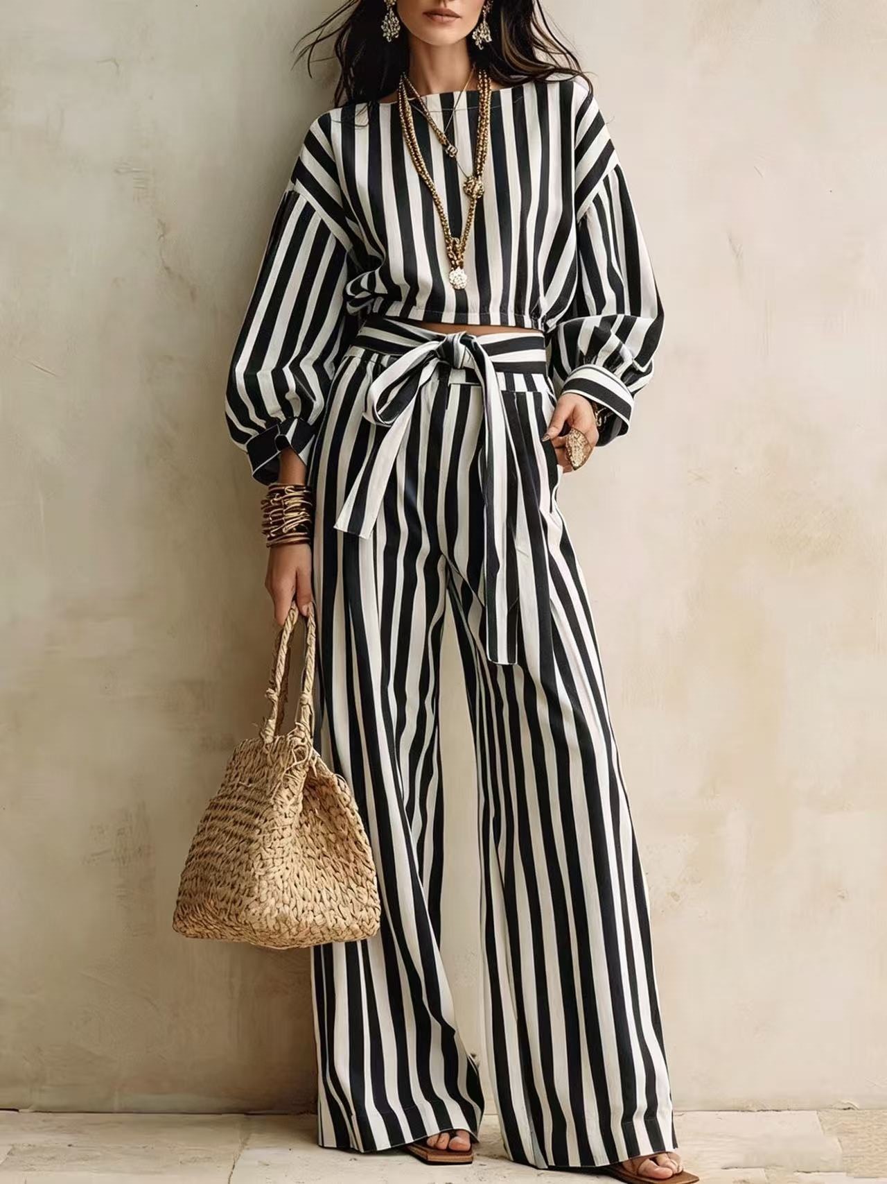 Striped Short Top & Wide-Leg Pants Set with Tie