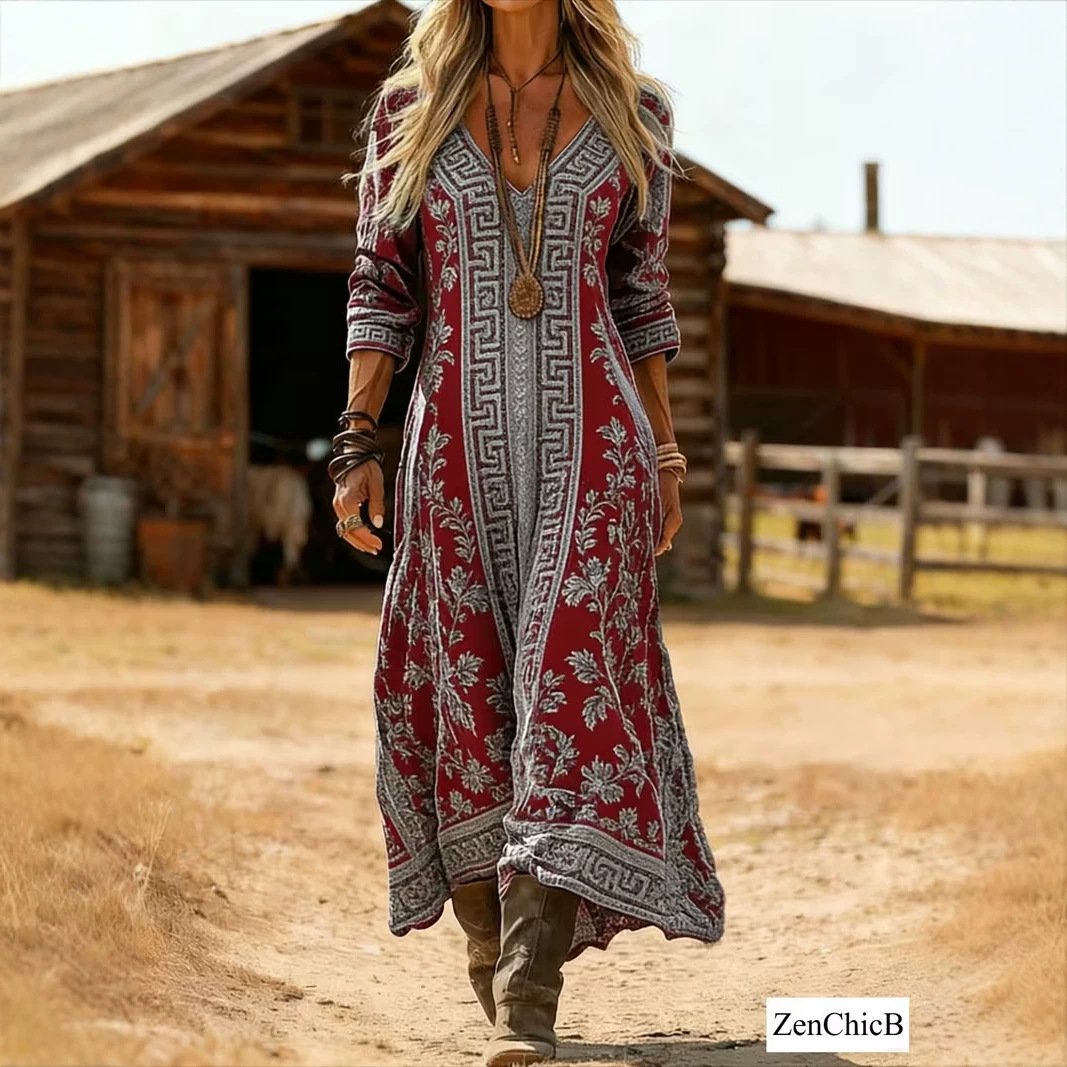Women's Vintage Tribal Print Pleated Midi Dress