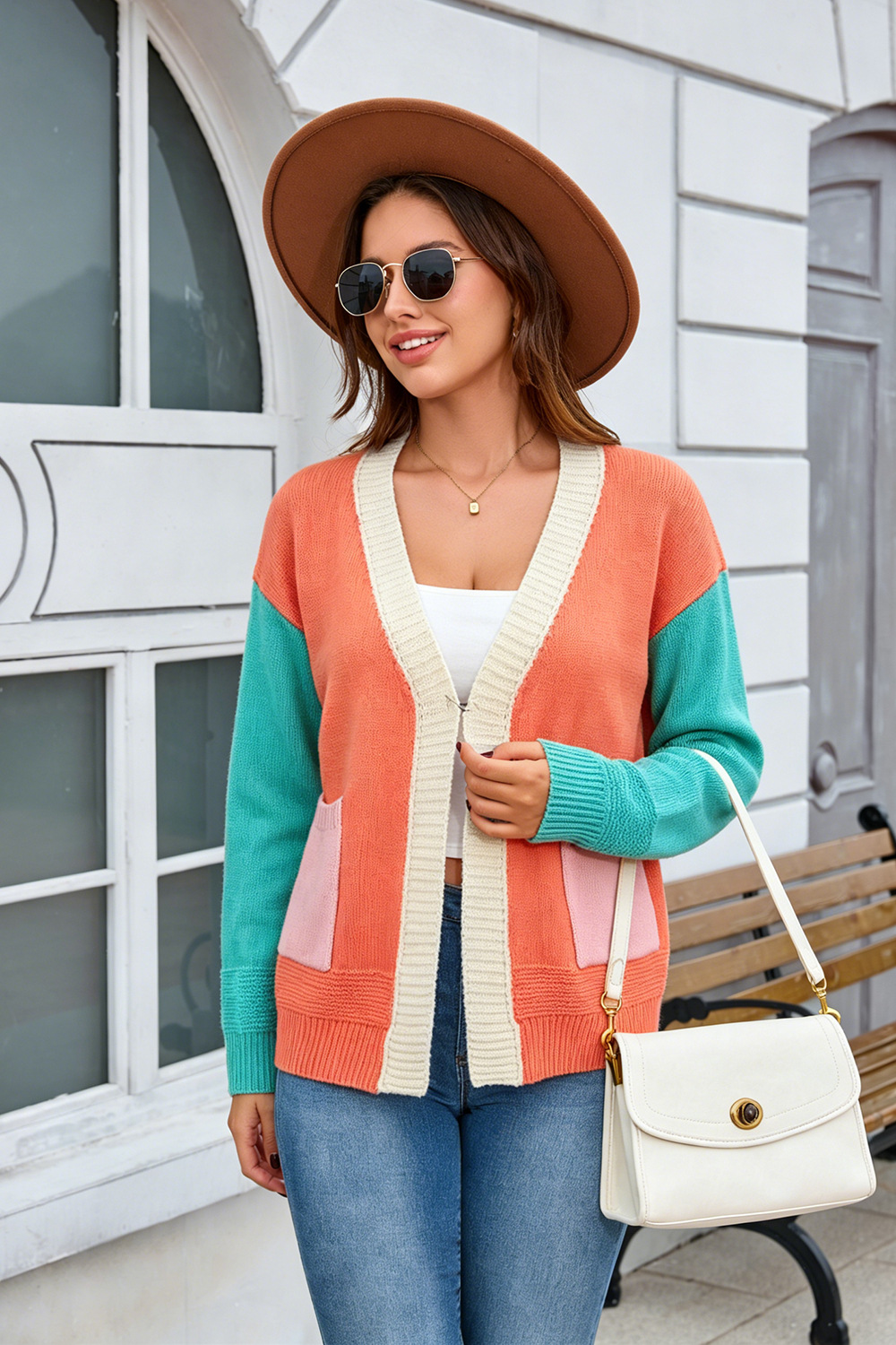 Plus Size Retro Colorblock Pocket Knit Cardigan Sweater Coat