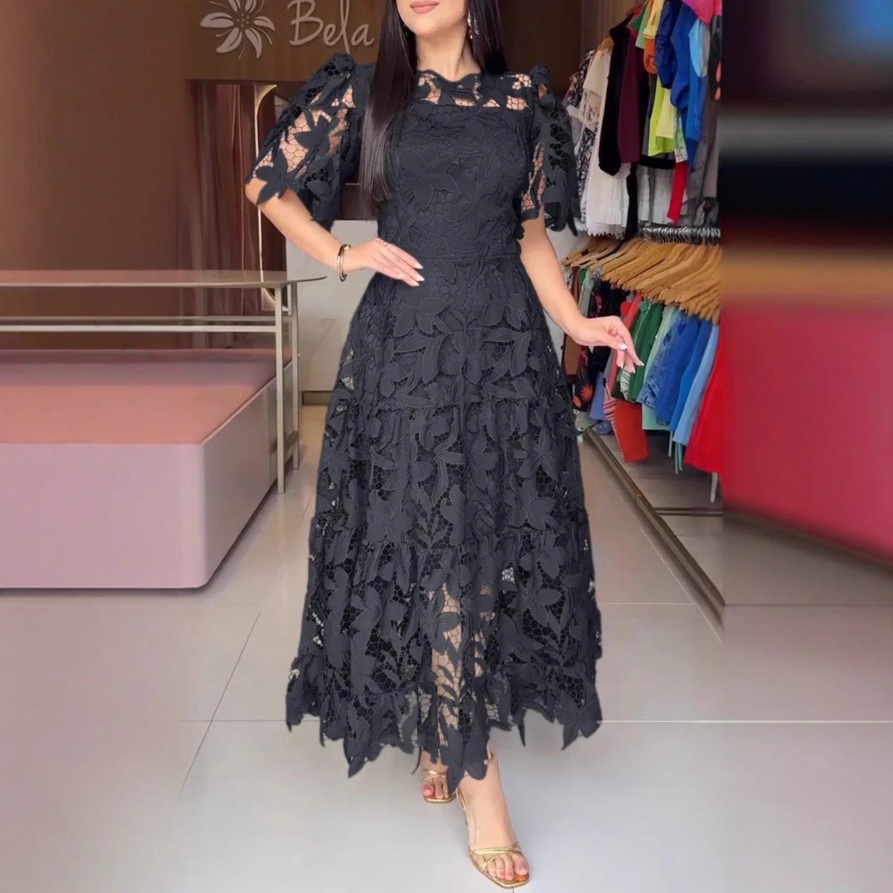 Women's Elegant Round Neck Hollow Lace Dress