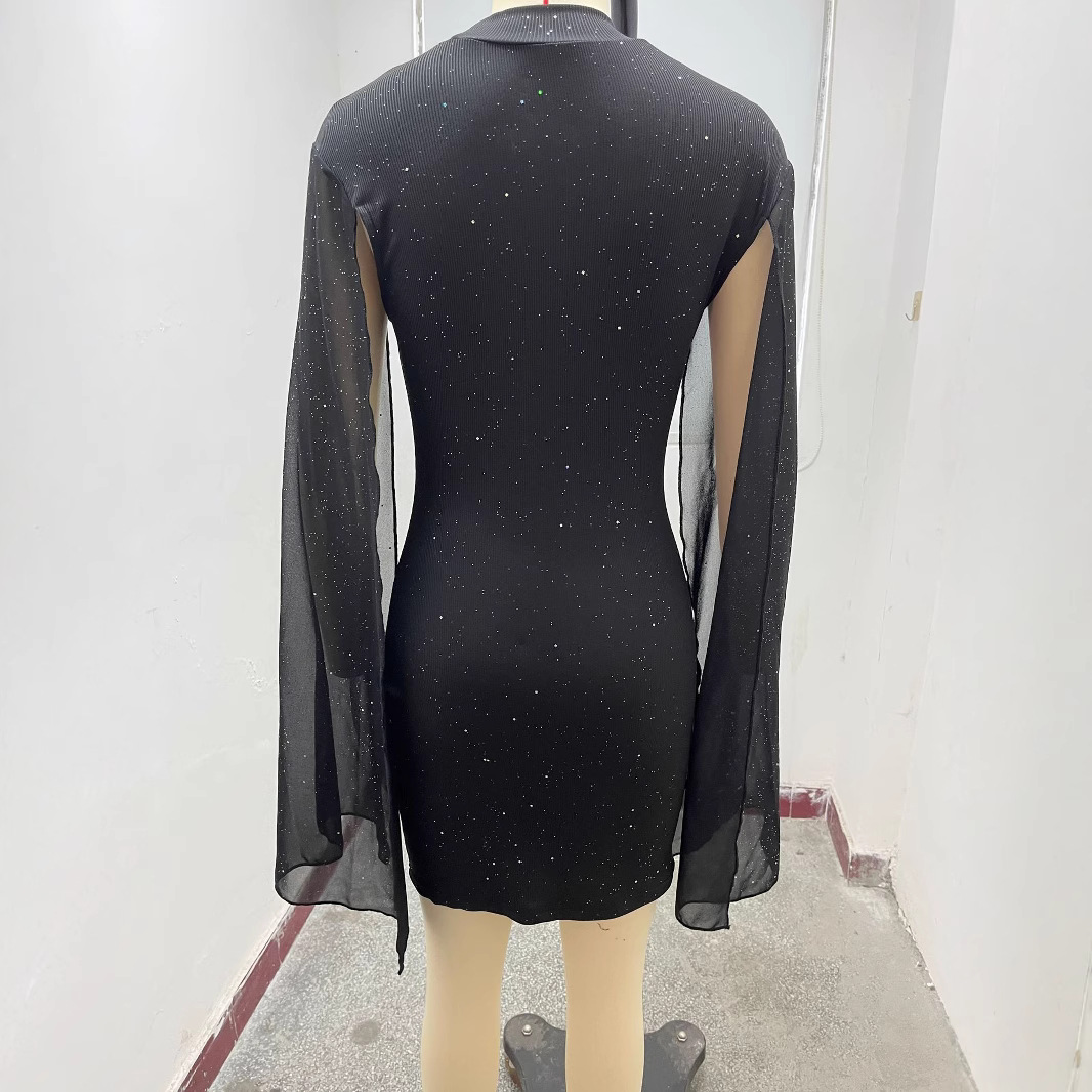 Women's Ribbed Pearl Chiffon Cape Bodycon Dress