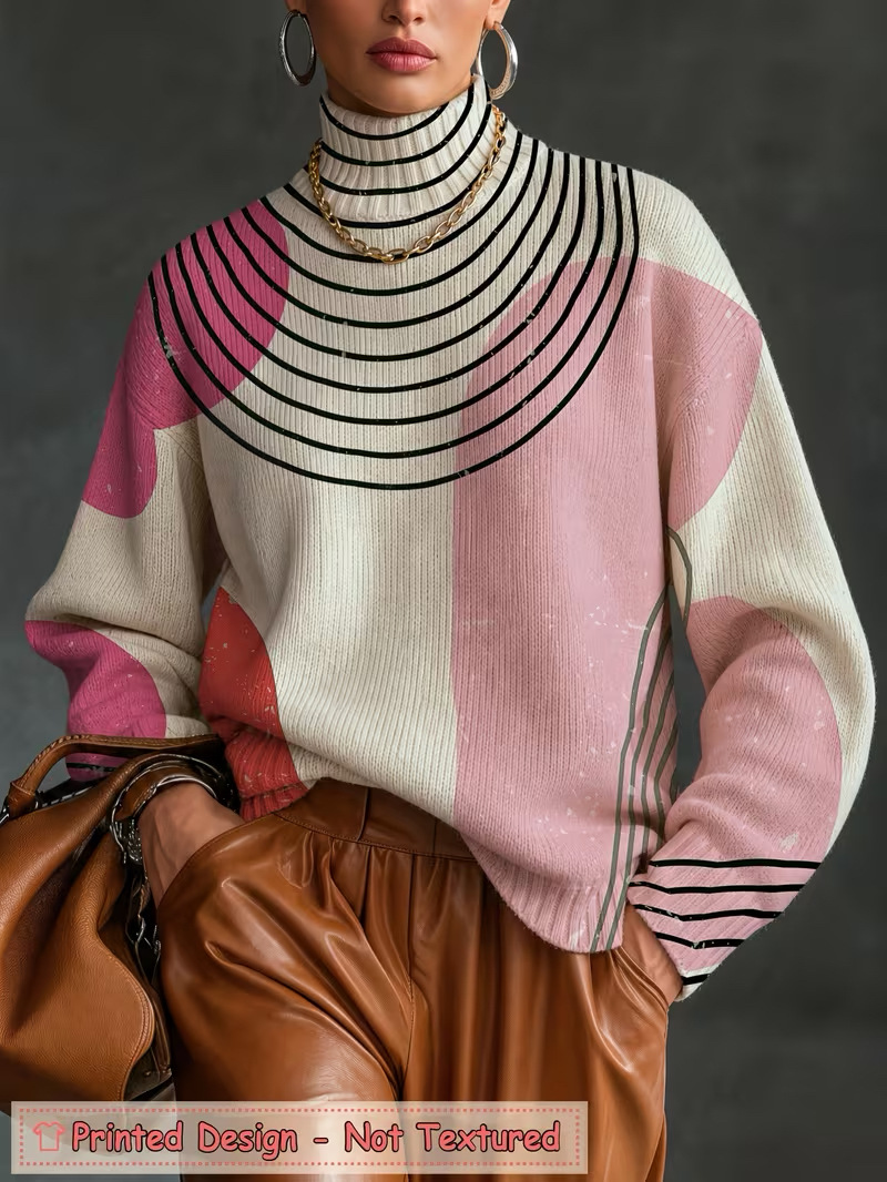 Women's Floral Polka Dot Print Turtleneck Casual Sweater