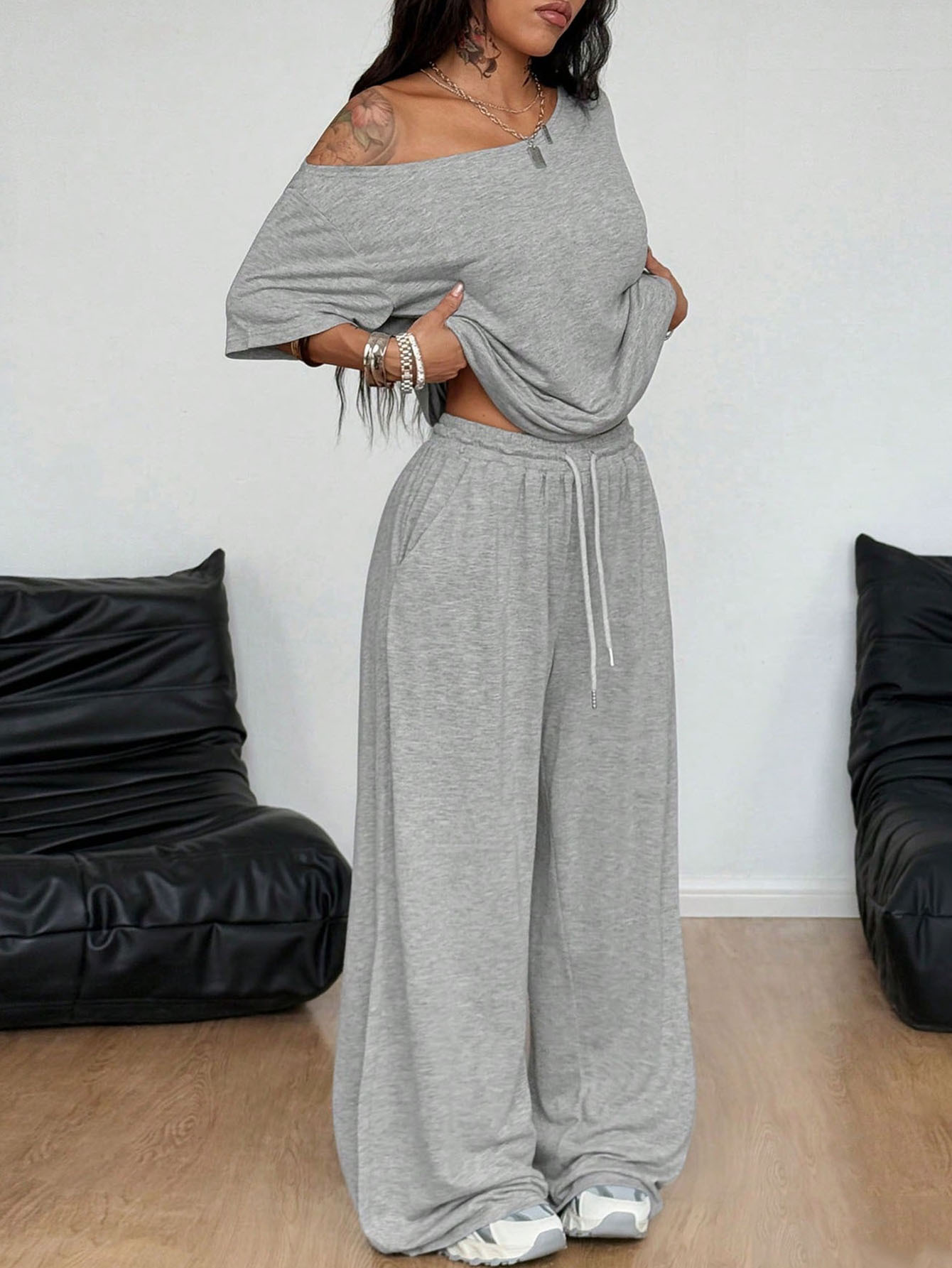 Women's High-Waist Wide-Leg Sweatpants Set Solid Color