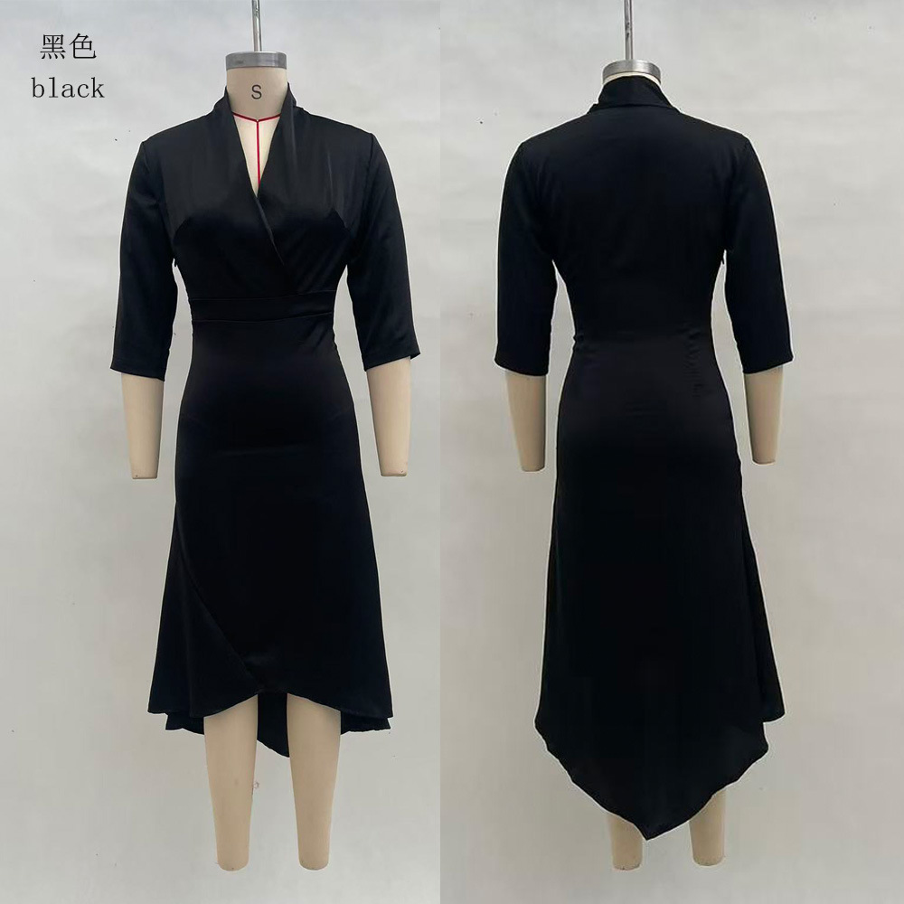 Elegant Solid V-Neck Long Sleeve Satin Asymmetric Dress