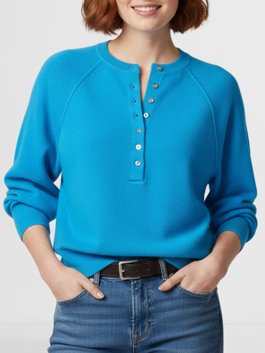 Women's Casual Crewneck Button-Front Knit Henley Sweater