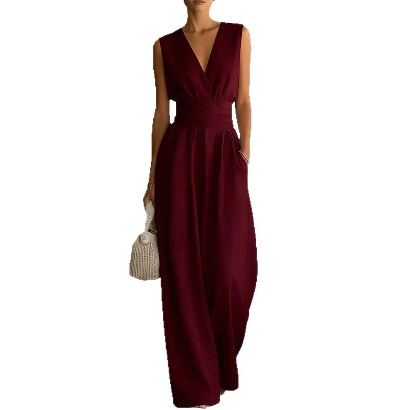 Women's Relaxed Sleeveless Wide-Leg Jumpsuit with Waist Tie