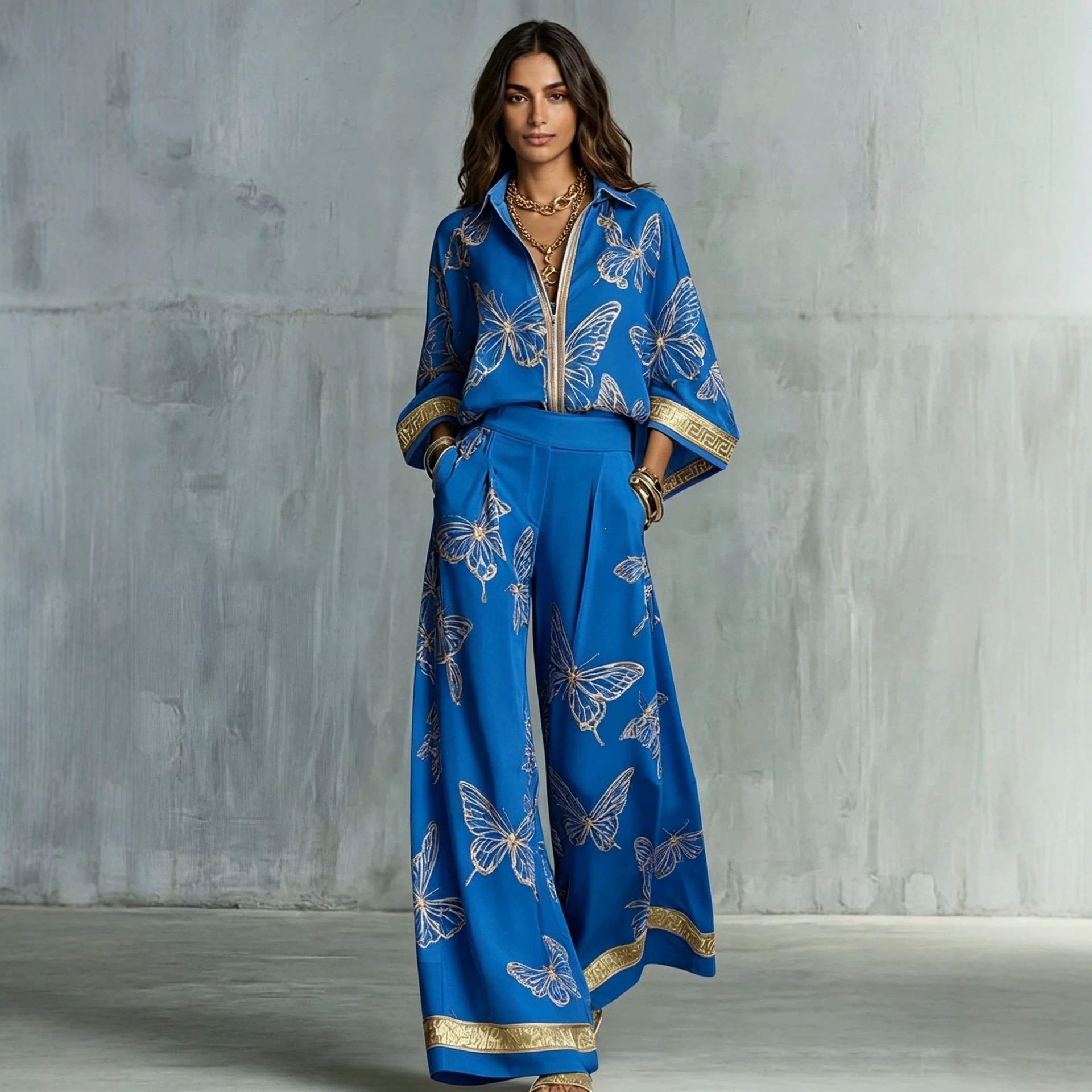 Women's Vintage Print Deep V Zip Top & Wide-Leg Pants Set