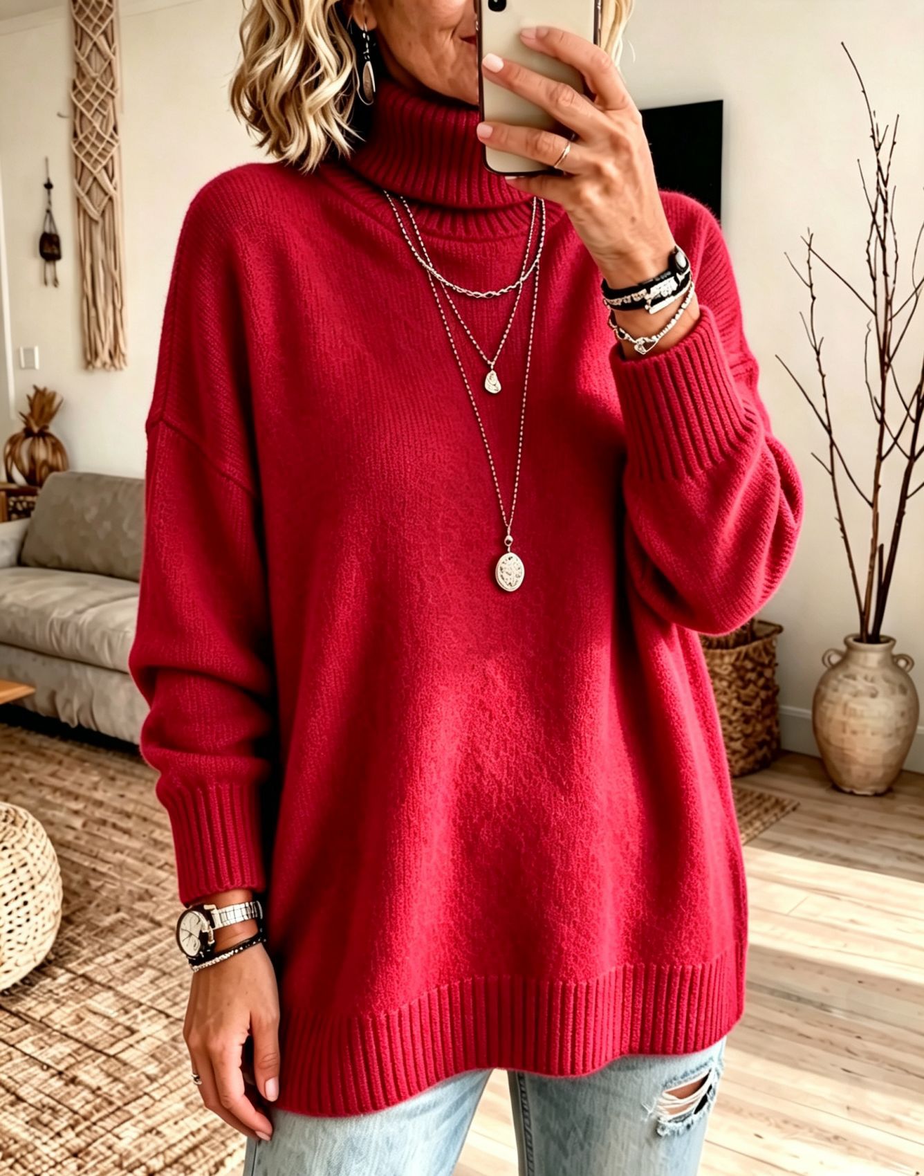 Women's Turtleneck Sweater Loose Knit Pullover Soft Thickened Base Layer