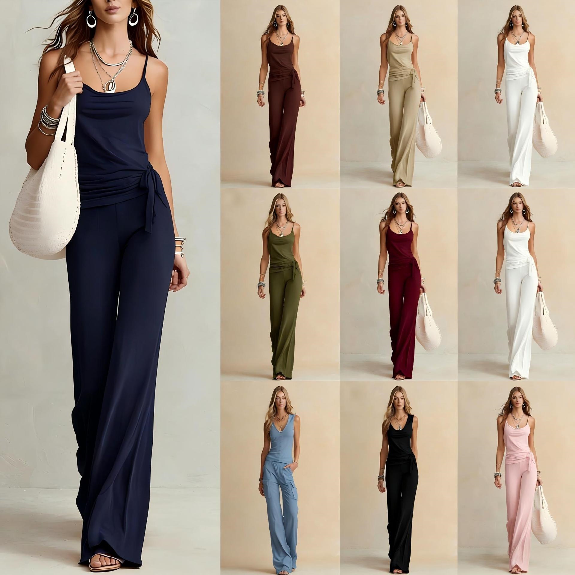 Solid Color Sleeveless Cami Top and High-Waist Wide-Leg Pants Set
