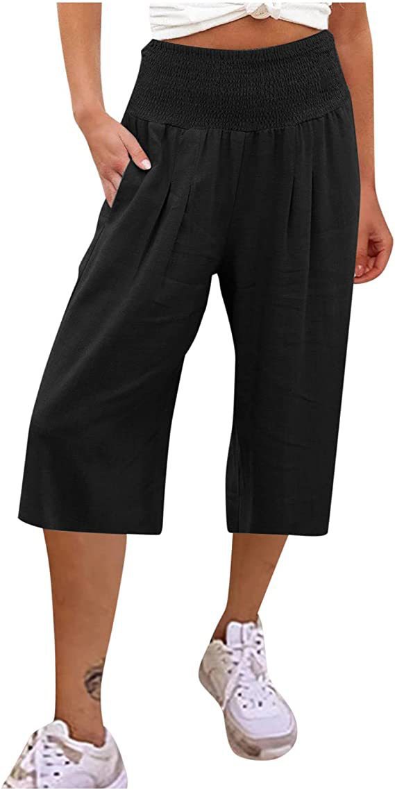 Women's Summer Smocked Wide-Leg Capri Pants Casual Loose Fit