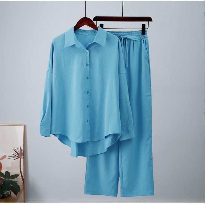 Women's Relaxed Stretch Crinkle Long Sleeve Shirt & Wide Leg Pants 2-Piece Set