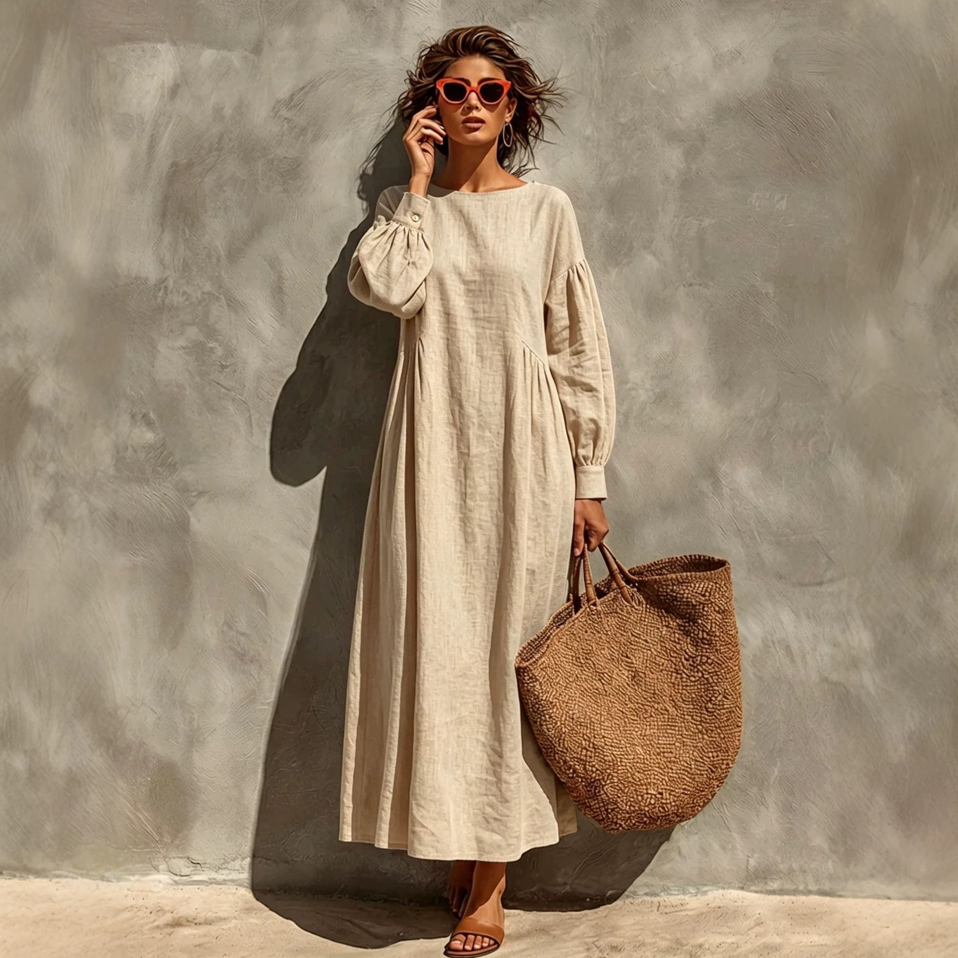 Women's Solid Color Lantern Sleeve Ruched Loose A-Line Midi Dress