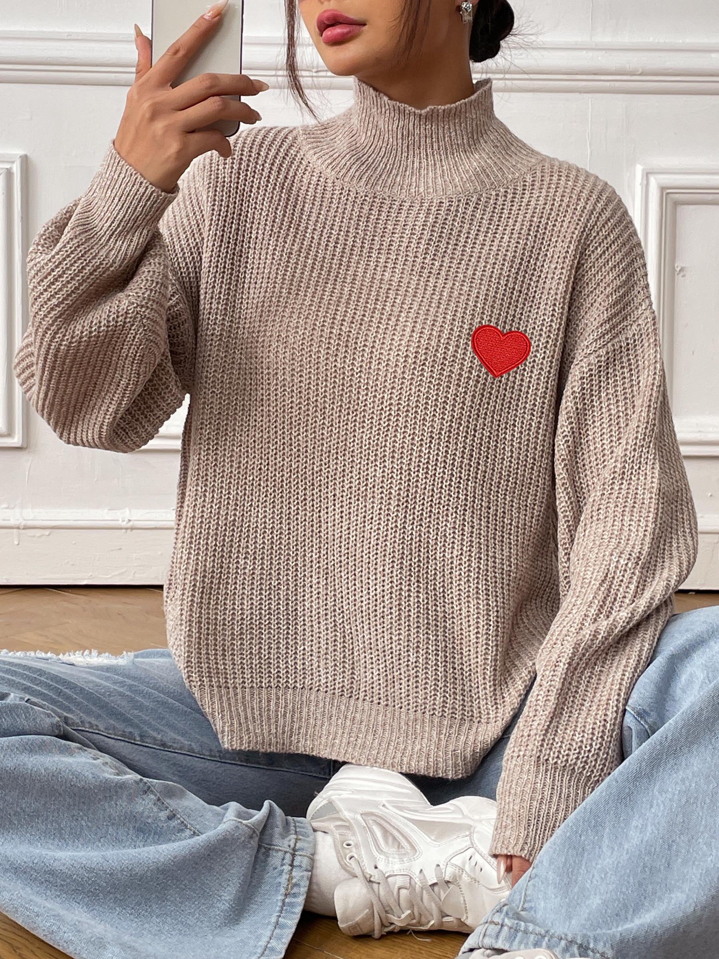 Heart Embroidered Mock Neck Pullover Sweater for Women