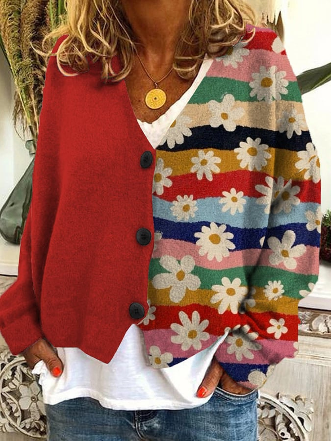 Printed Women's Cardigan Soft Knit Sweater Casual Poncho Coat