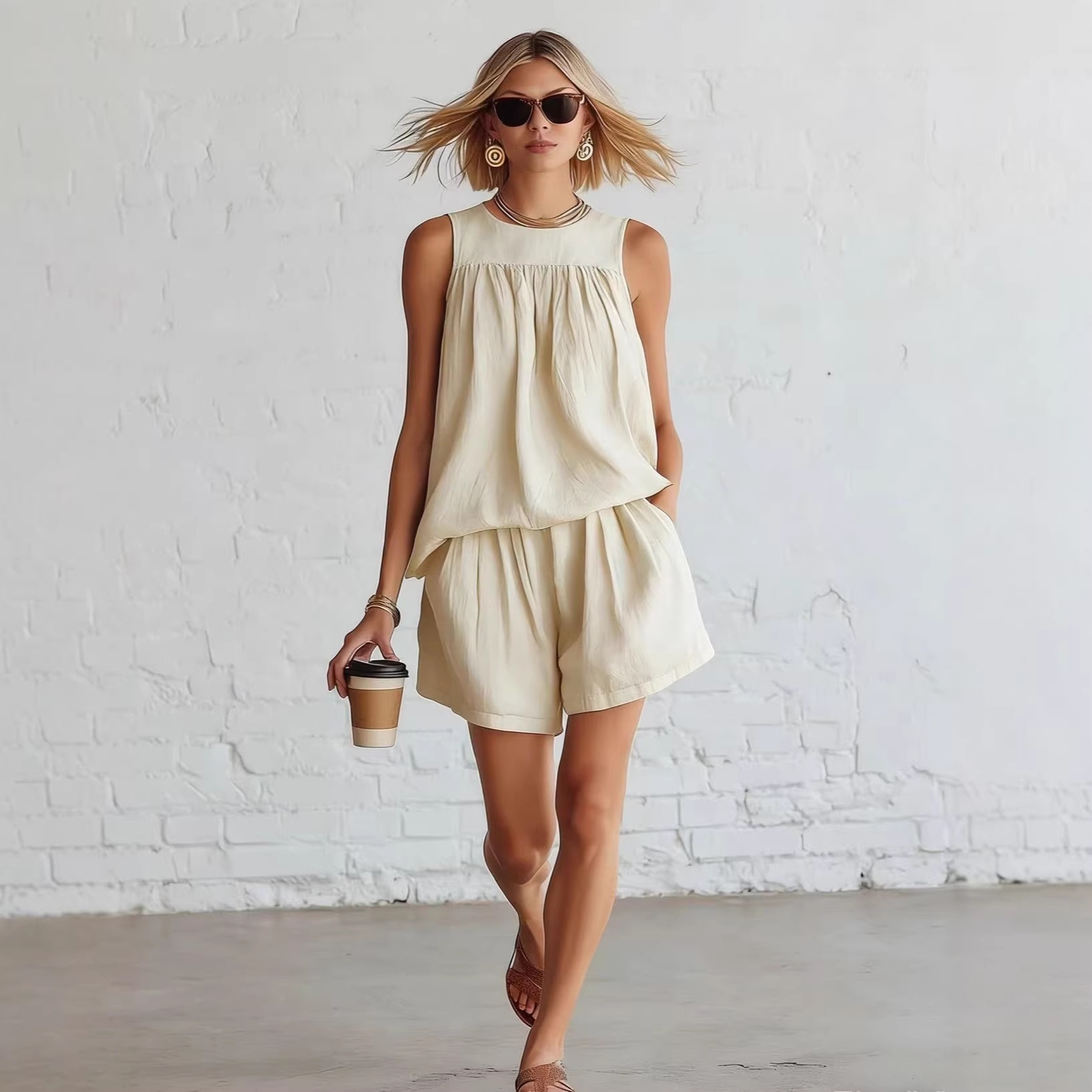 Women's Sleeveless Ruched Top and Wide-Leg Shorts Set