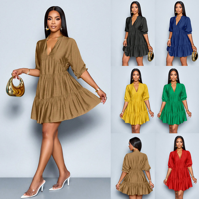 Half-Open Deep V-Neck Bubble Sleeve Pleated Short Dress