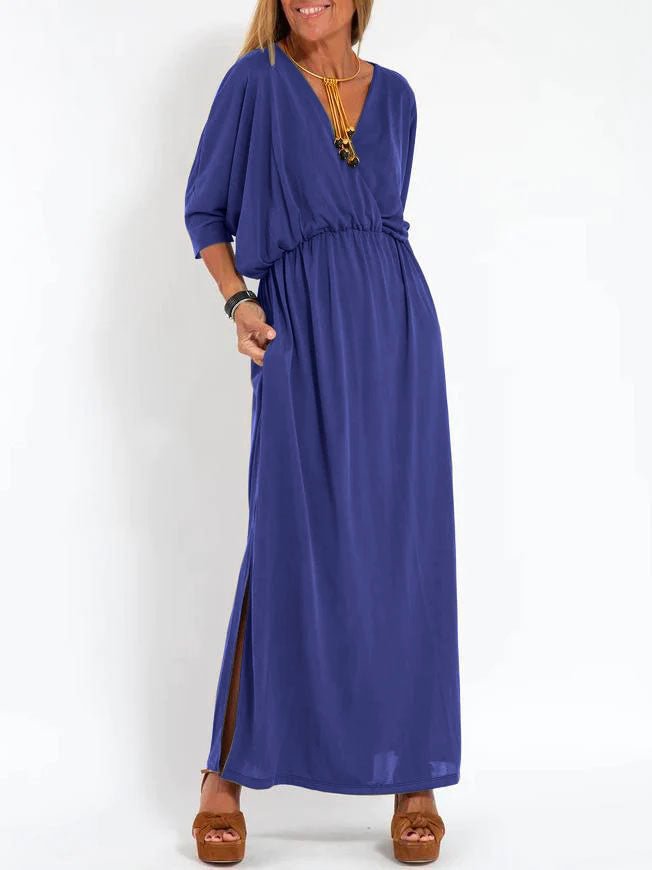 Women's High-Waist Slit Short-Sleeve Dress in Solid Colors