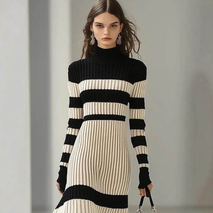 Black and White Striped Knit Turtleneck Midi Dress
