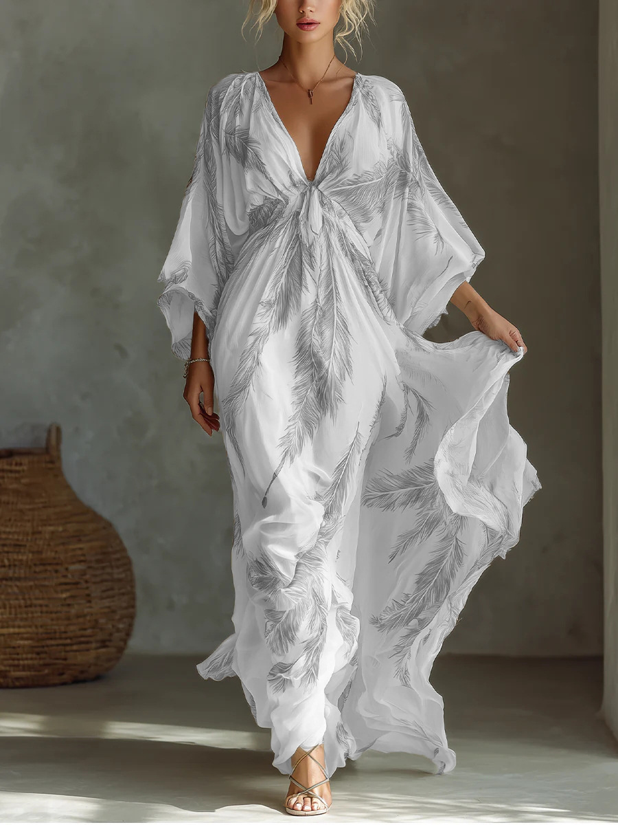 V-Neck 3/4 Sleeve Floral Print Midi Dress with Waist