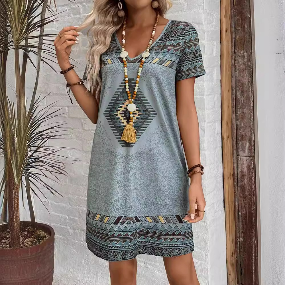 Floral V-Neck Short Sleeve Midi Dress