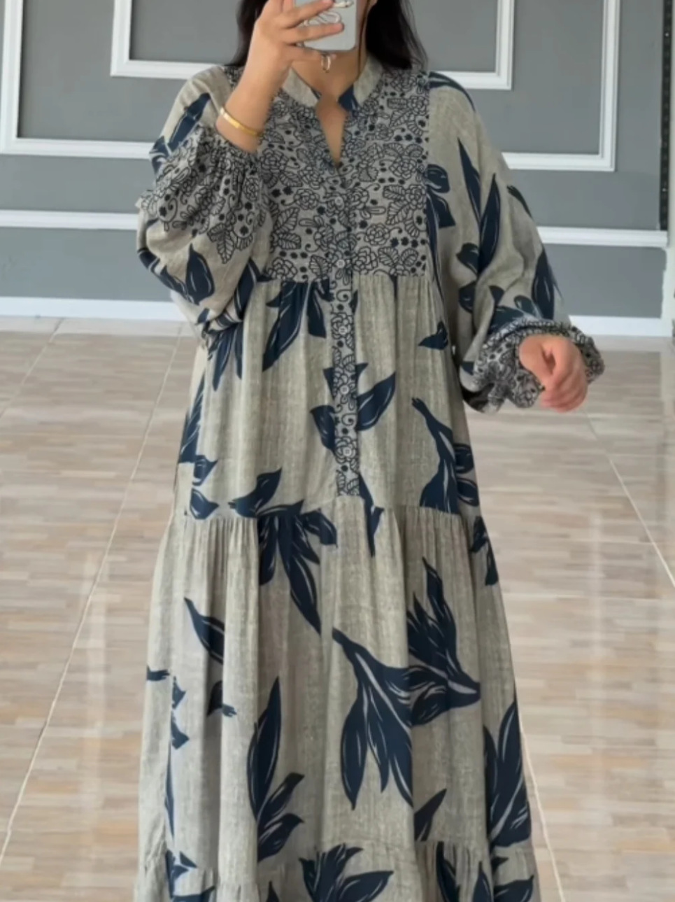 Digital Print Long Sleeve Shirt Collar Loose Vintage Long Dress