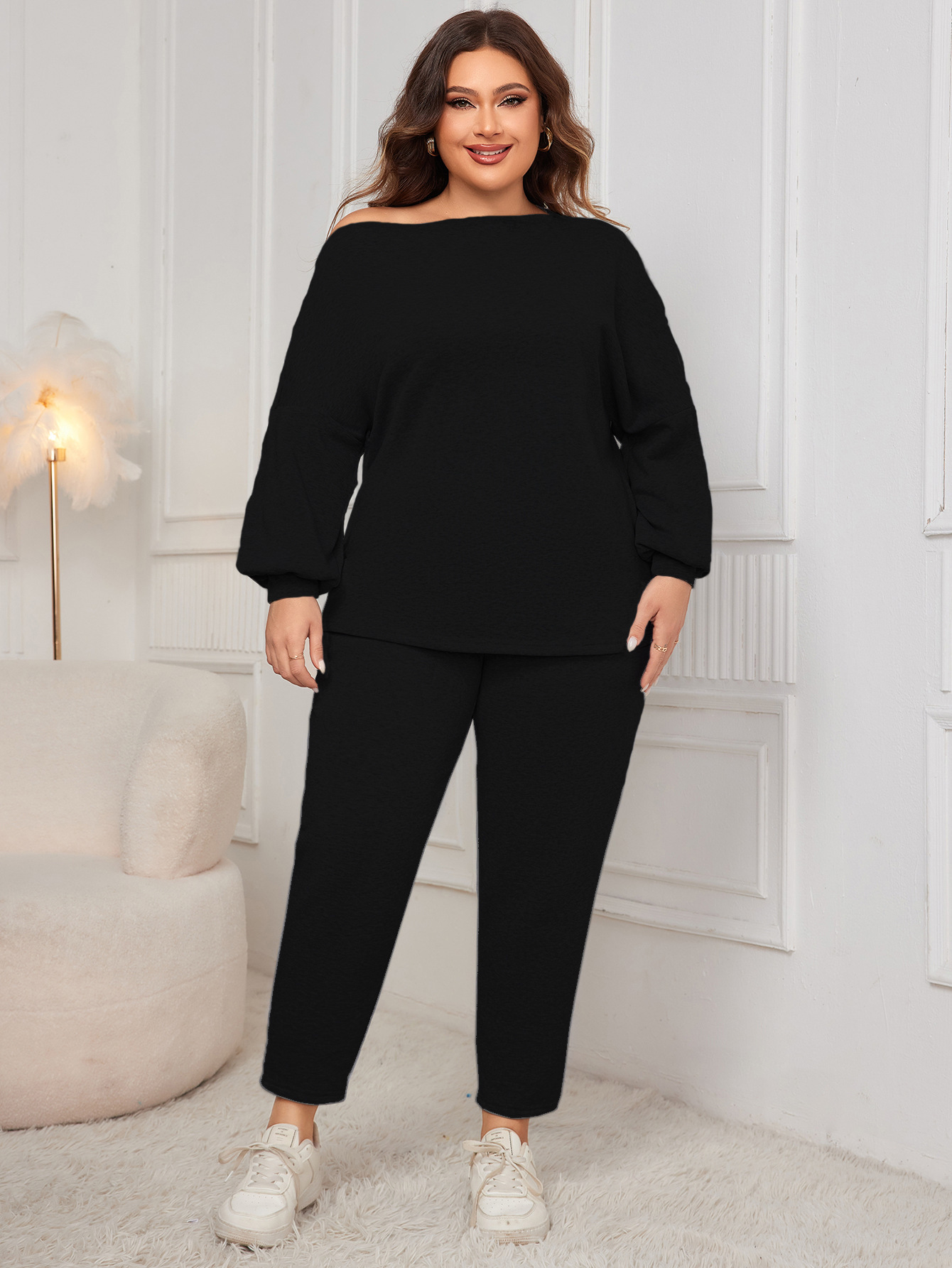 Women's Off-Shoulder Long Sleeve Top and Pants Set Plus Size Casual