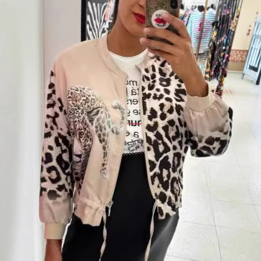 Women's Leopard Print Bomber Jacket Zip-Up Stand Collar