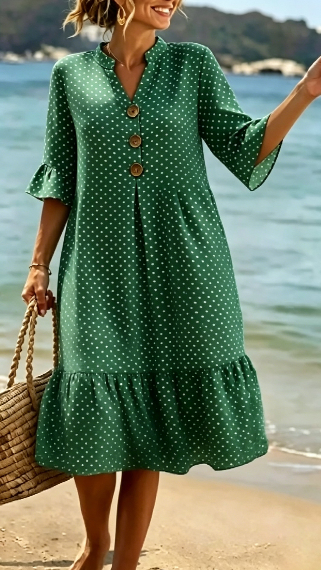 V-Neck Polka Dot Ruffle Sleeve Boho Midi Dress