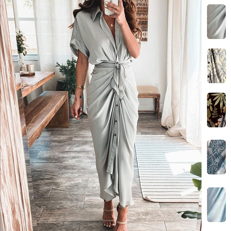 Women's Asymmetrical Midi Dress V-Neck Short Sleeve High Waist