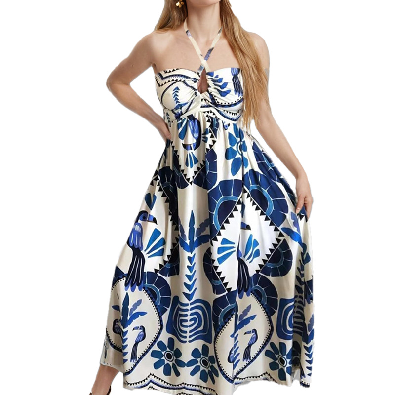 Women's Halter Neck Printed High Waist Midi Dress