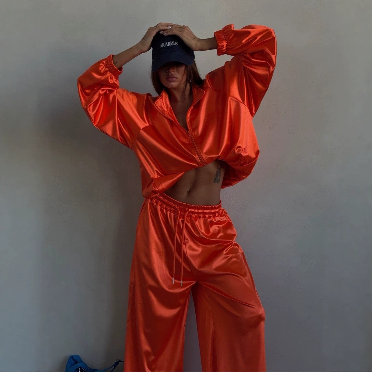 Women's Lake Blue Satin Oversize Short Sleeve Top and Pants Set