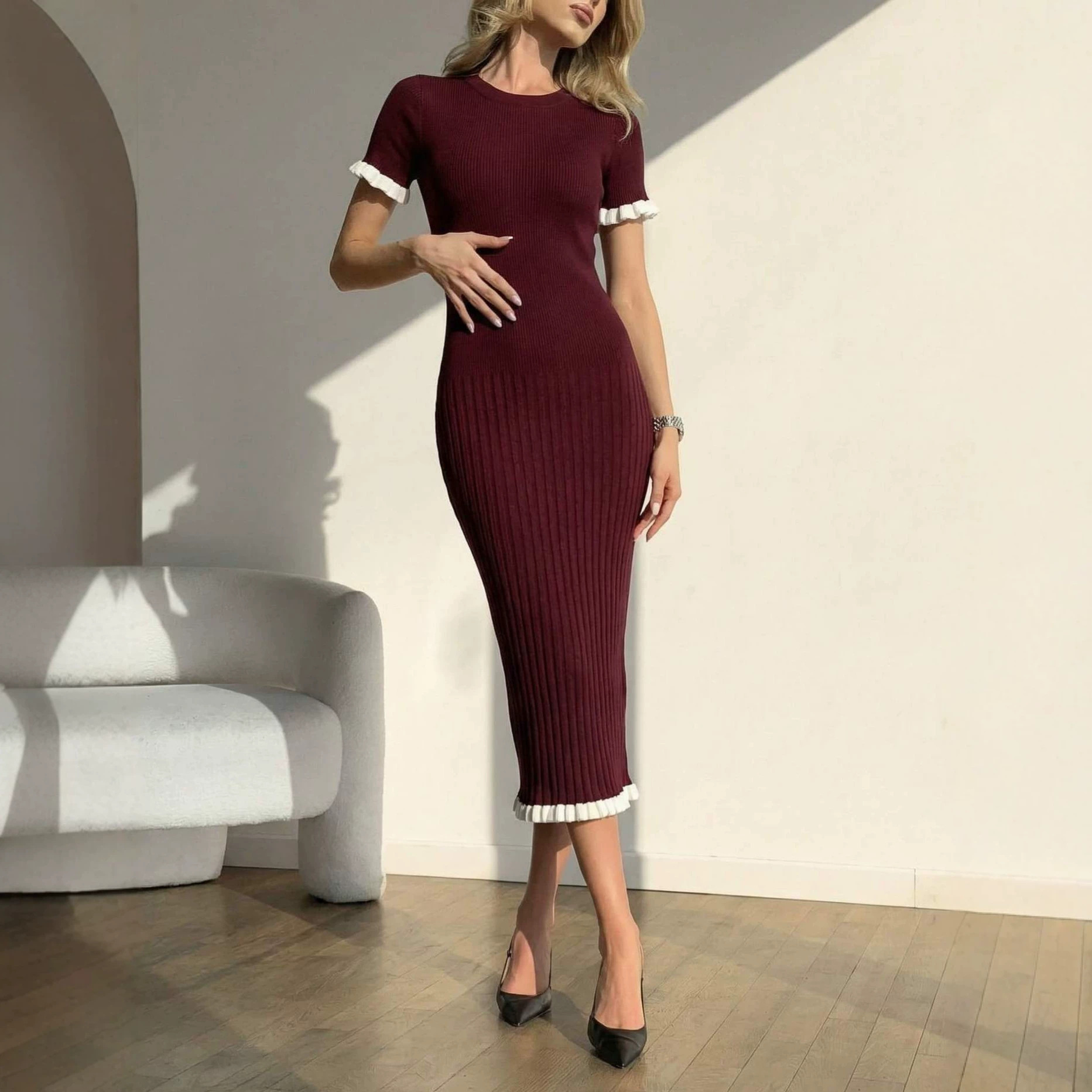 Women's Ribbed Knit Sweater Dress with Collar Button Accent and Ruffle Trim