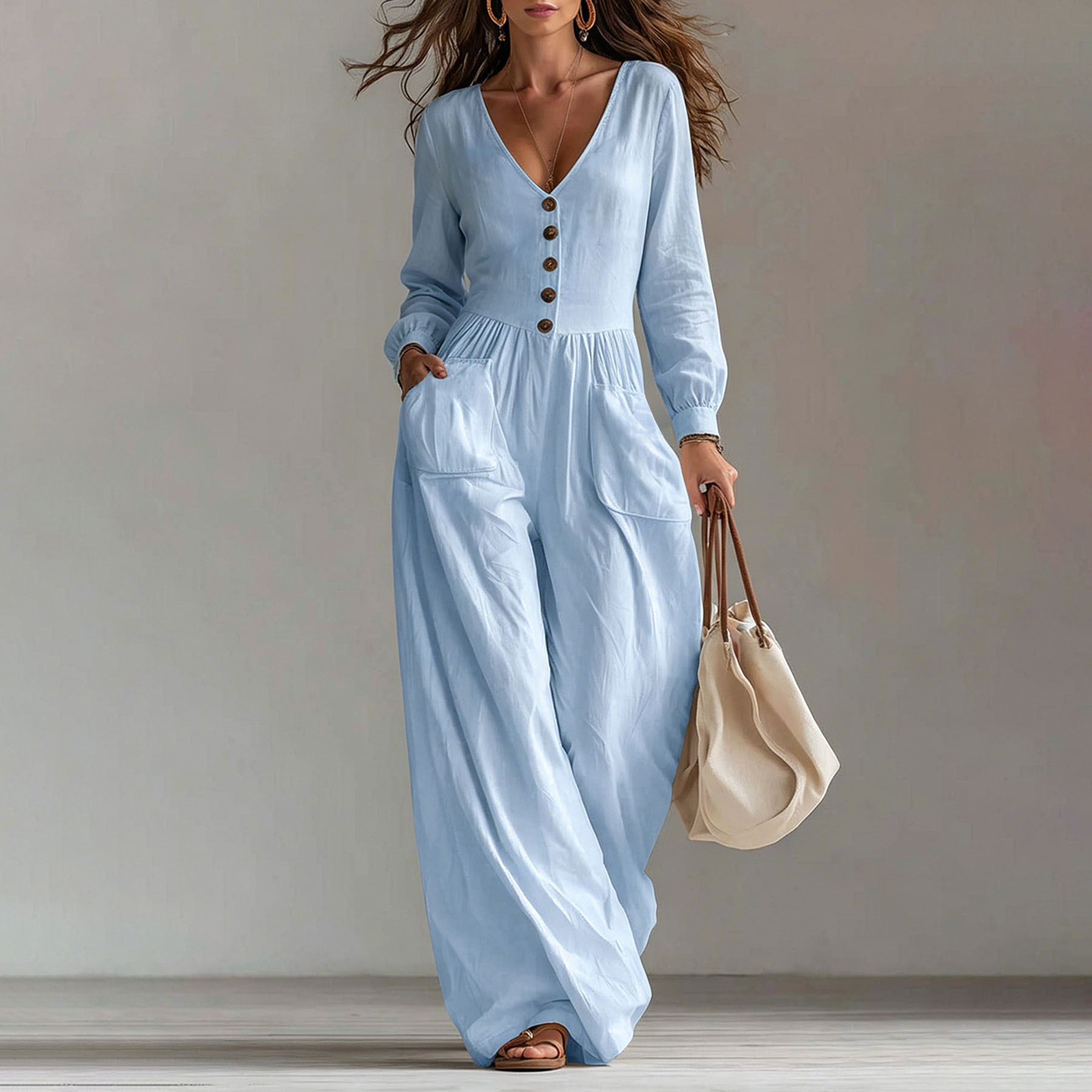 Women's Casual V-Neck Long Sleeve Jumpsuit with Pockets