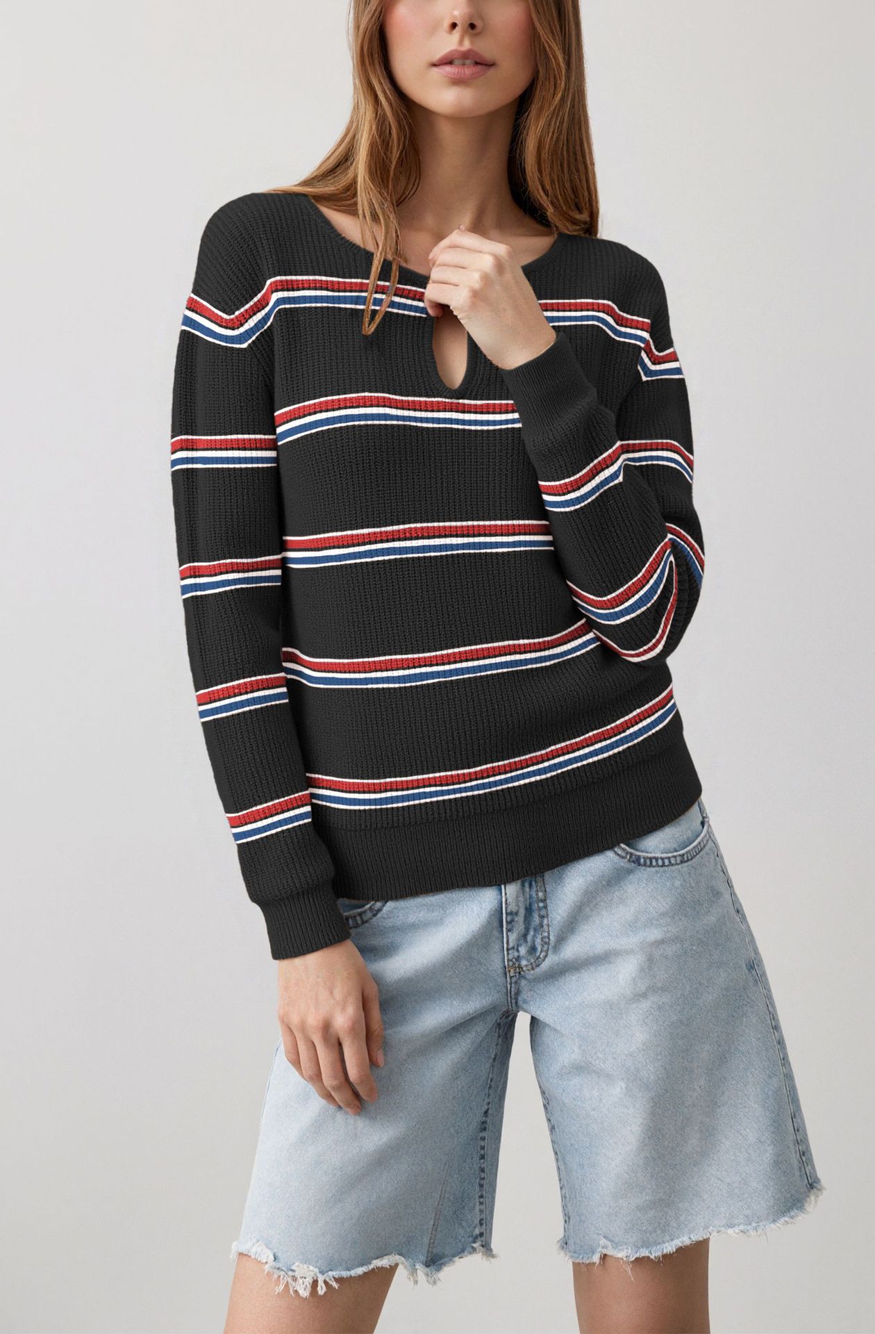 Women's Striped Crewneck Knit Sweater Slim Fit Long Sleeve Pullover