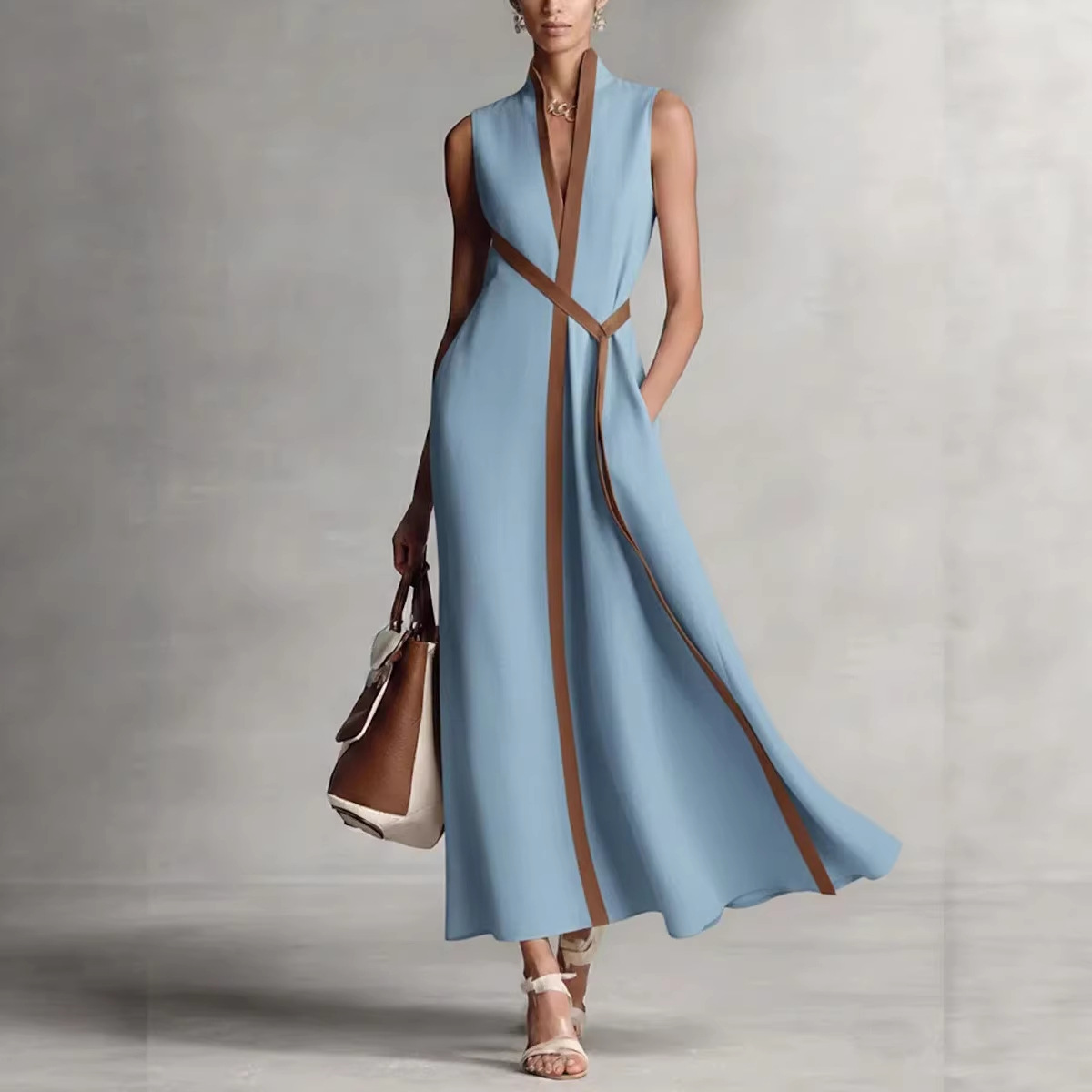 Color-Block Sleeveless Stand-Collar Cotton-Linen Dress