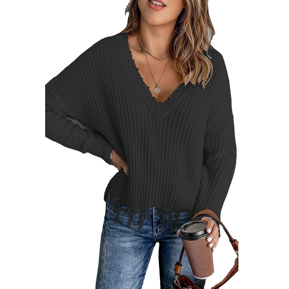 Women's Cotton Fringe Distressed Knit Sweater