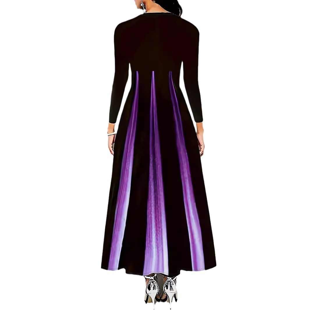A-Line Long Sleeve Round Neck Gradient Print Midi Dress