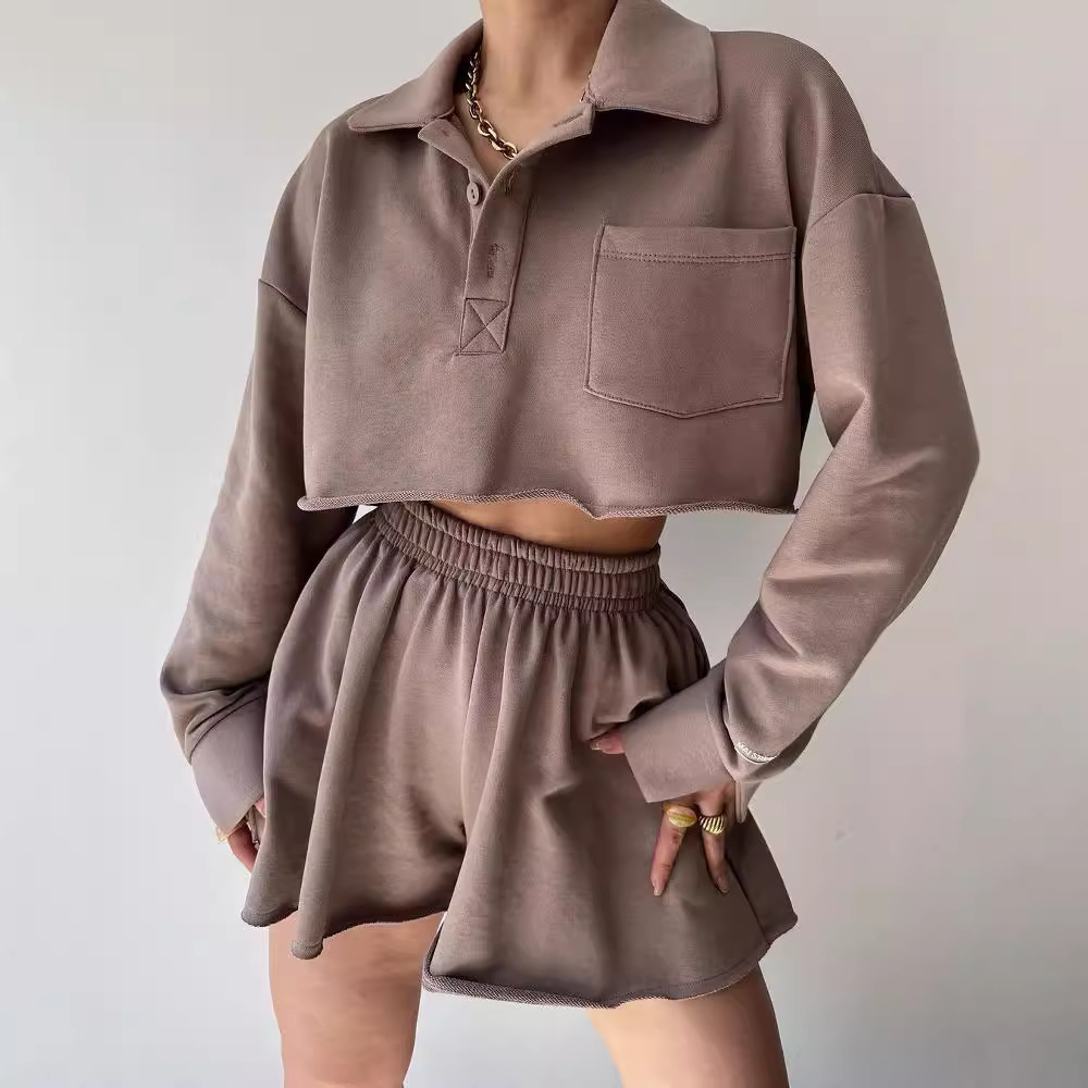 Solid Color Long Sleeve Open-Front Top and Drawstring Shorts Set