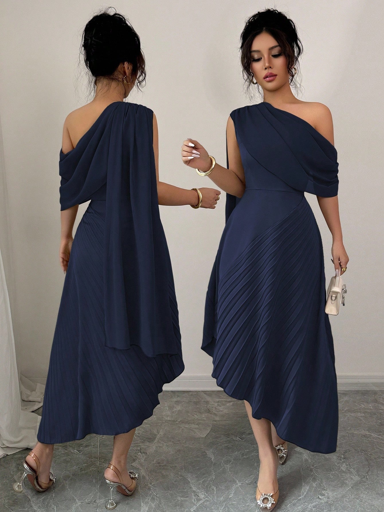 Women's One-Shoulder Ribbon Pleated Midi Dress Elegant Party Gown