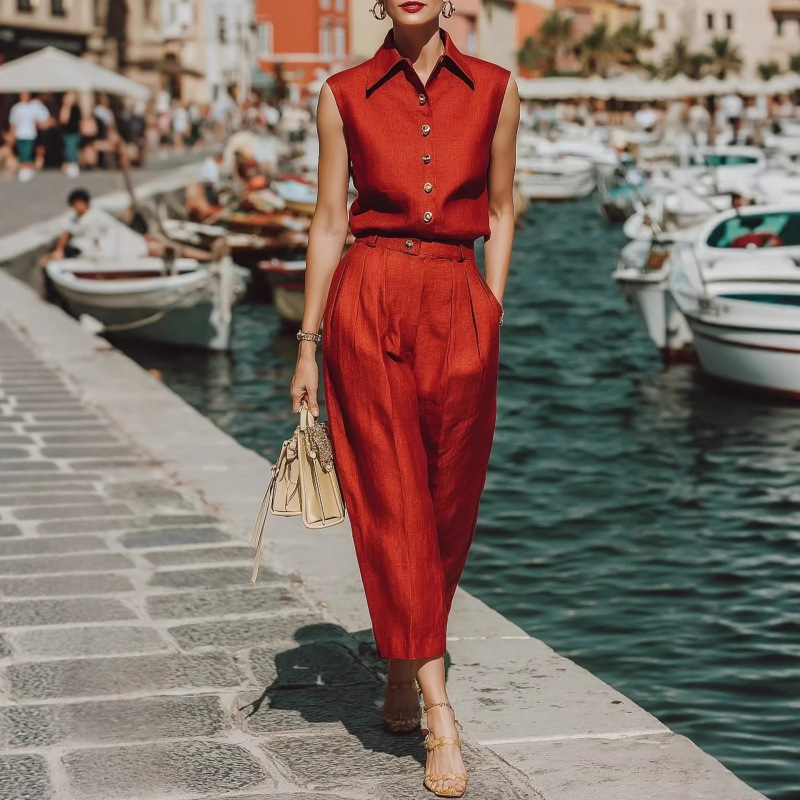 Red Collared Sleeveless Shirt and Pants Two-Piece Set
