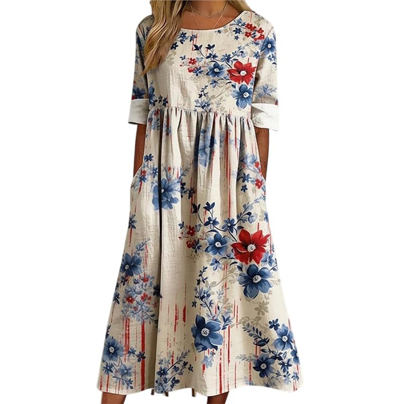 Women's Star Print Pleated Midi Dress Short Sleeve Crew Neck Slim Fit
