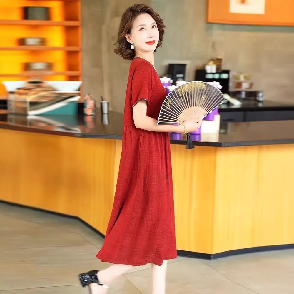 Women's Vintage-Style Round Neck Loose A-Line Midi Dress