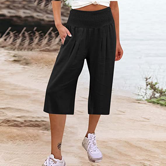 Women's Summer Smocked Wide-Leg Capri Pants Casual Loose Fit