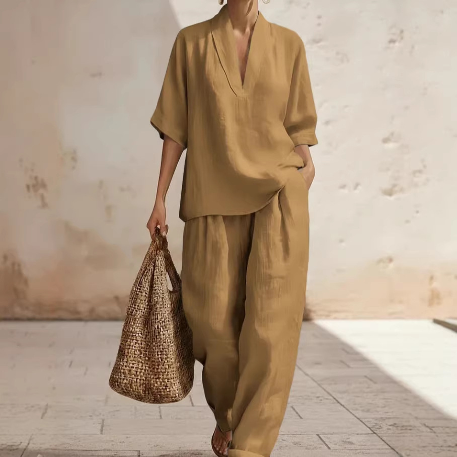 V-Neck Short Sleeve Top & Wide-Leg Pants Set